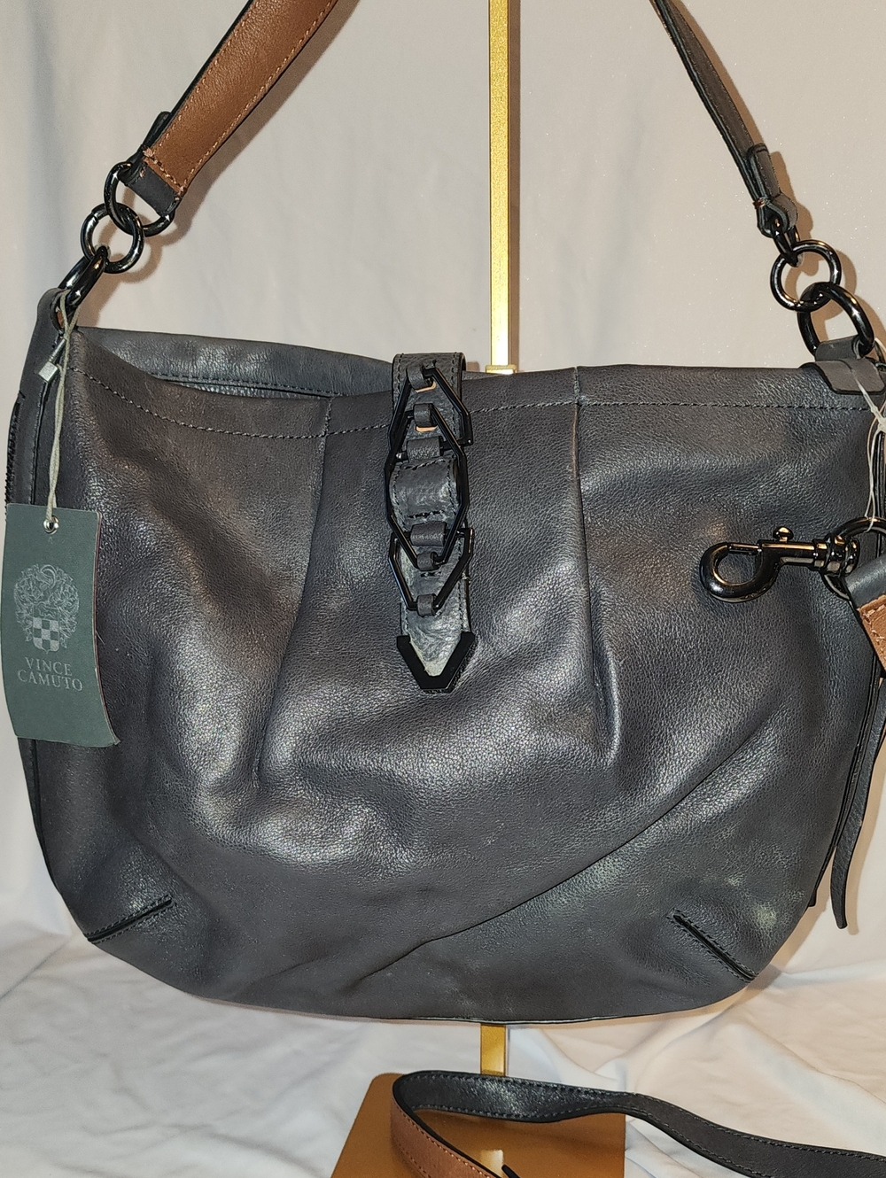 Vince Camuto Dark Gray Leather Shoulder Hobo with Buckle Accent